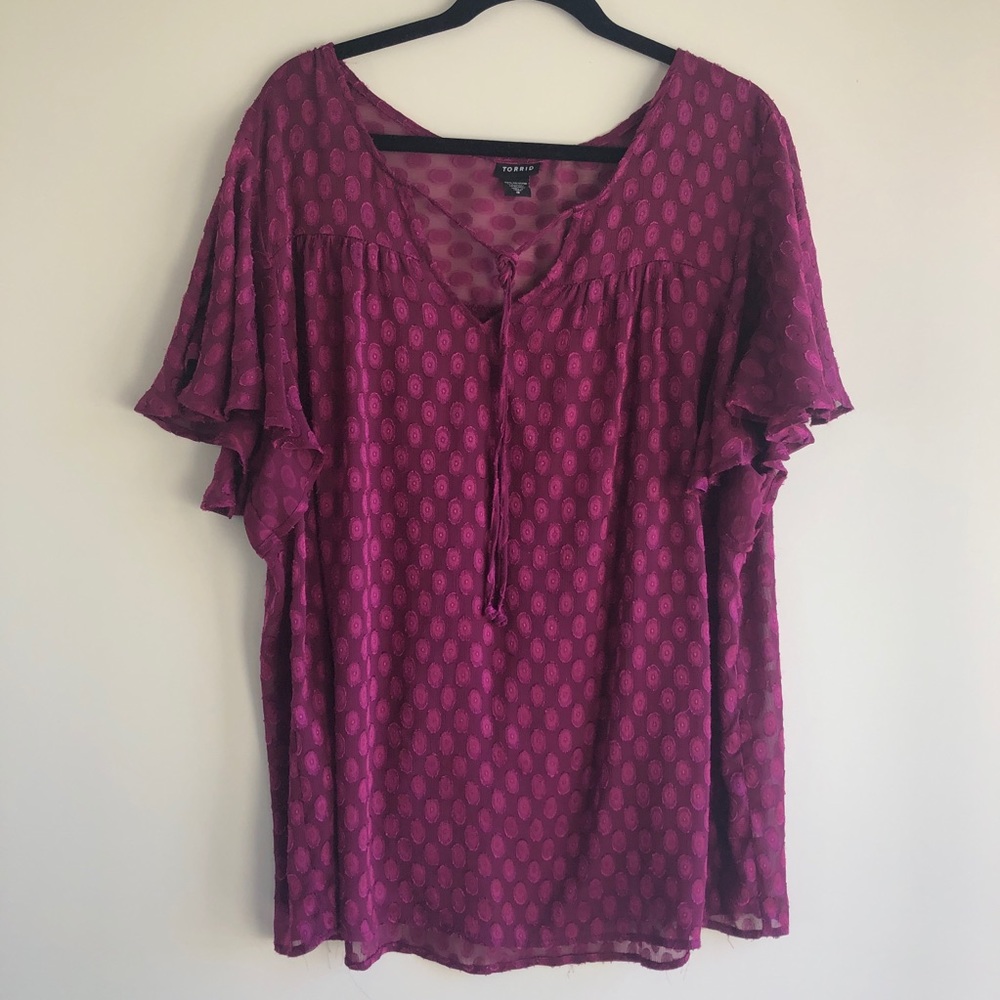 Torrid Dot Stitch Flutter Sleeve Top Sheer Berry